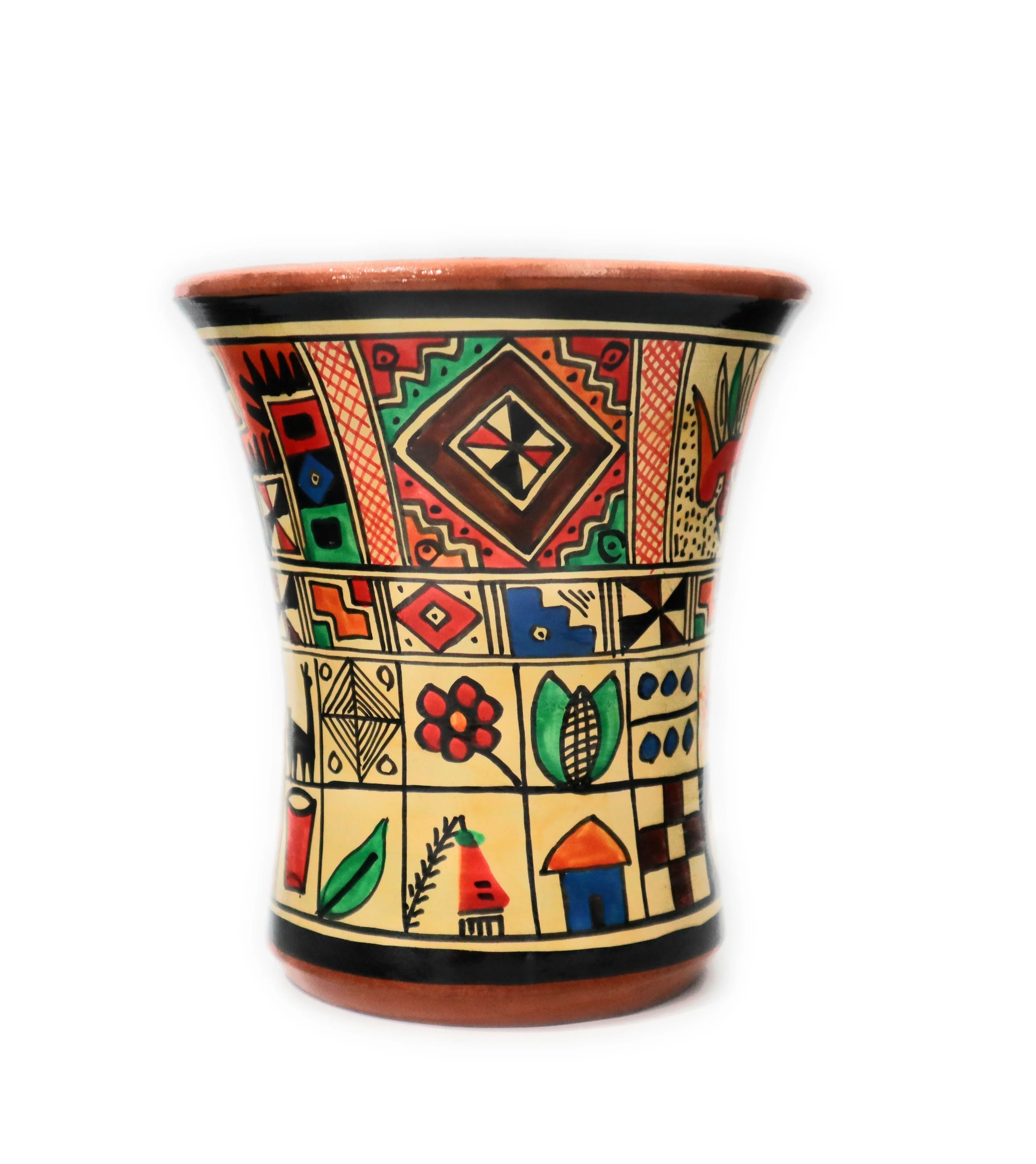 Rustic Kero Ceramic Vase Inca Culture Design Hand-Painted with Liner Glaze. 4.25" Tall