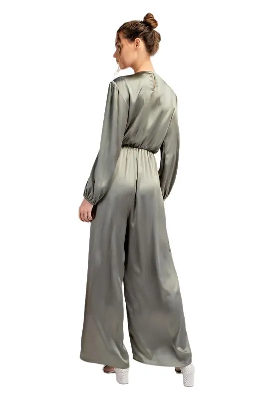 Satin V-Neck Long Sleeve Jumpsuit