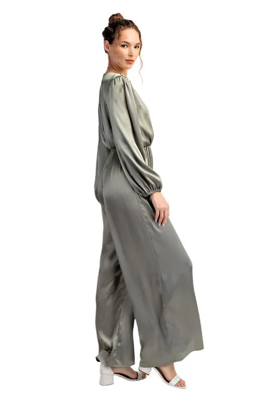 Satin V-Neck Long Sleeve Jumpsuit