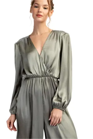 Satin V-Neck Long Sleeve Jumpsuit