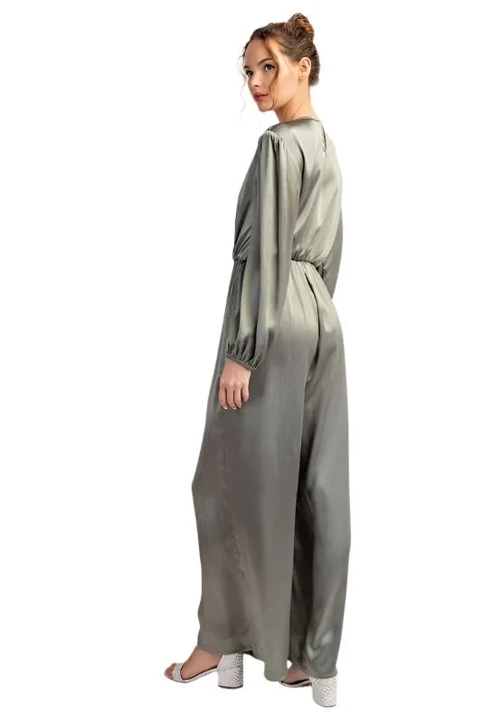 Satin V-Neck Long Sleeve Jumpsuit