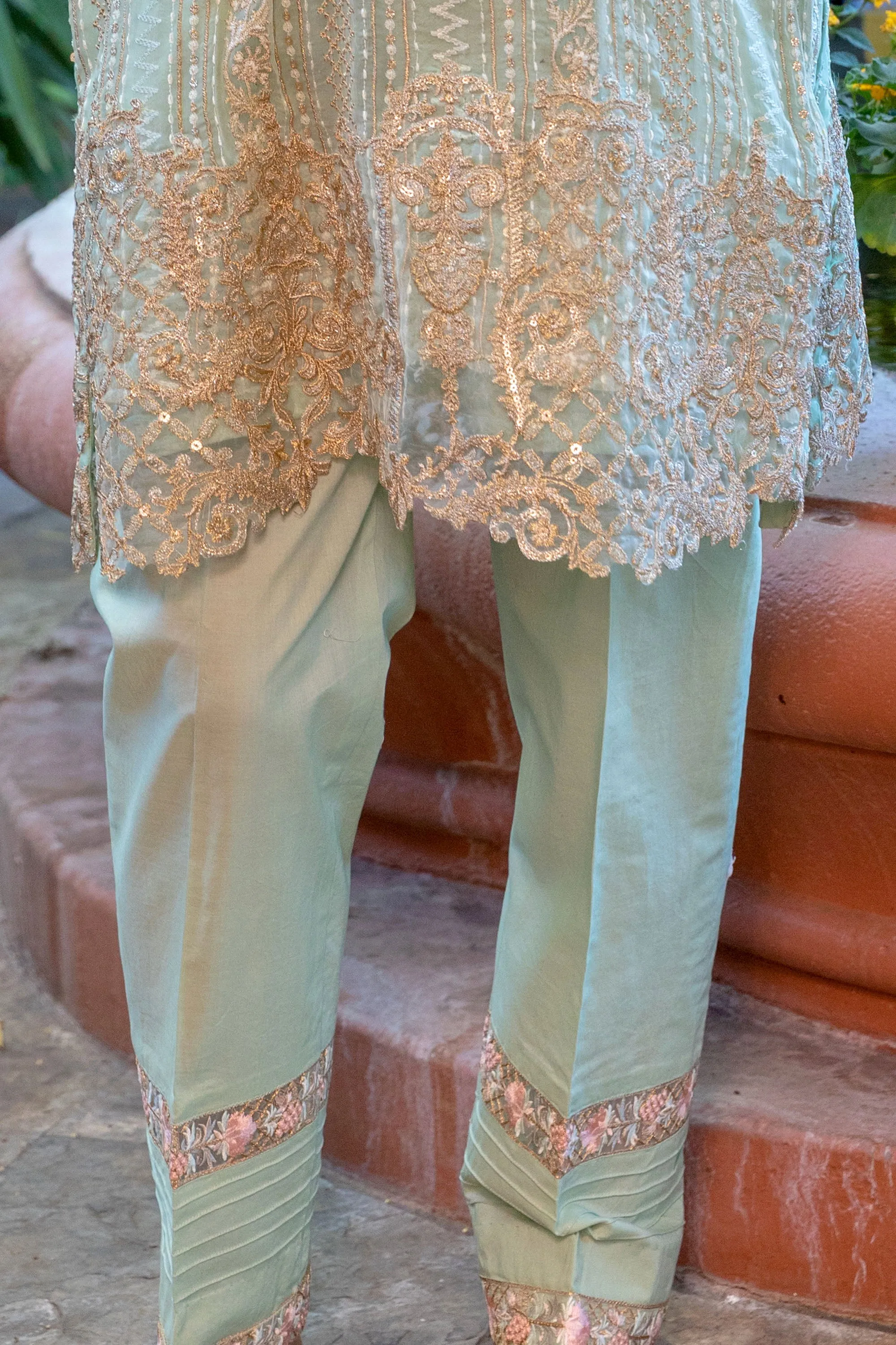 Sea Green Chiffon Salwar Kameez Suit with Gold Embroidery
