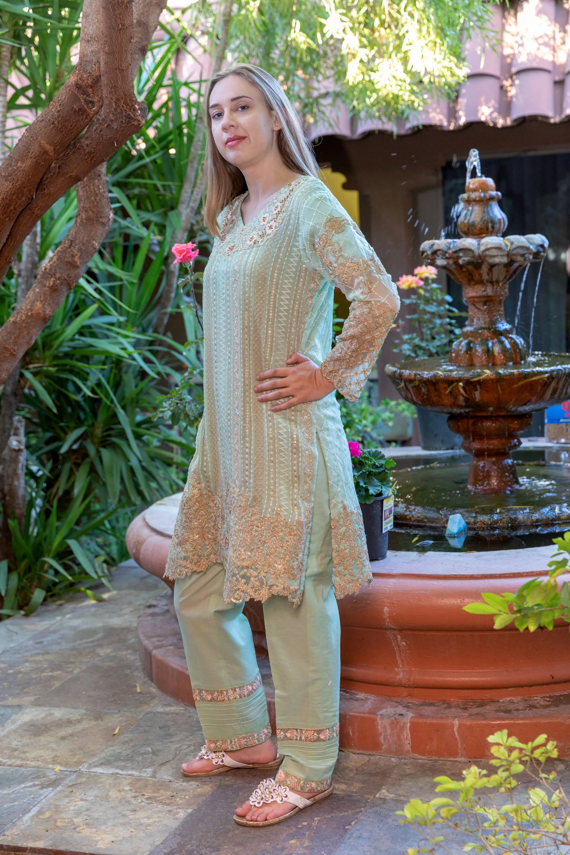 Sea Green Chiffon Salwar Kameez Suit with Gold Embroidery