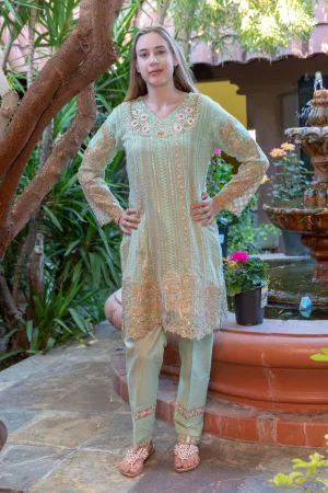 Sea Green Chiffon Salwar Kameez Suit with Gold Embroidery