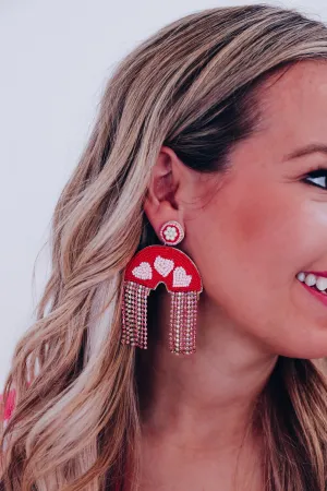 Shimmering Heart Seed Bead Earrings - Red