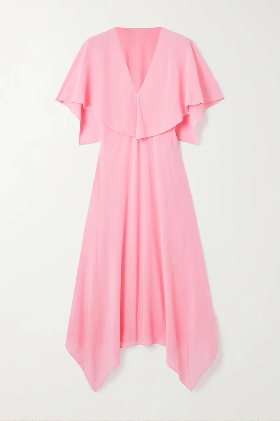 Short Sleeve Chiffon V Neck Candy Pink Tea Length Wedding Party Dress