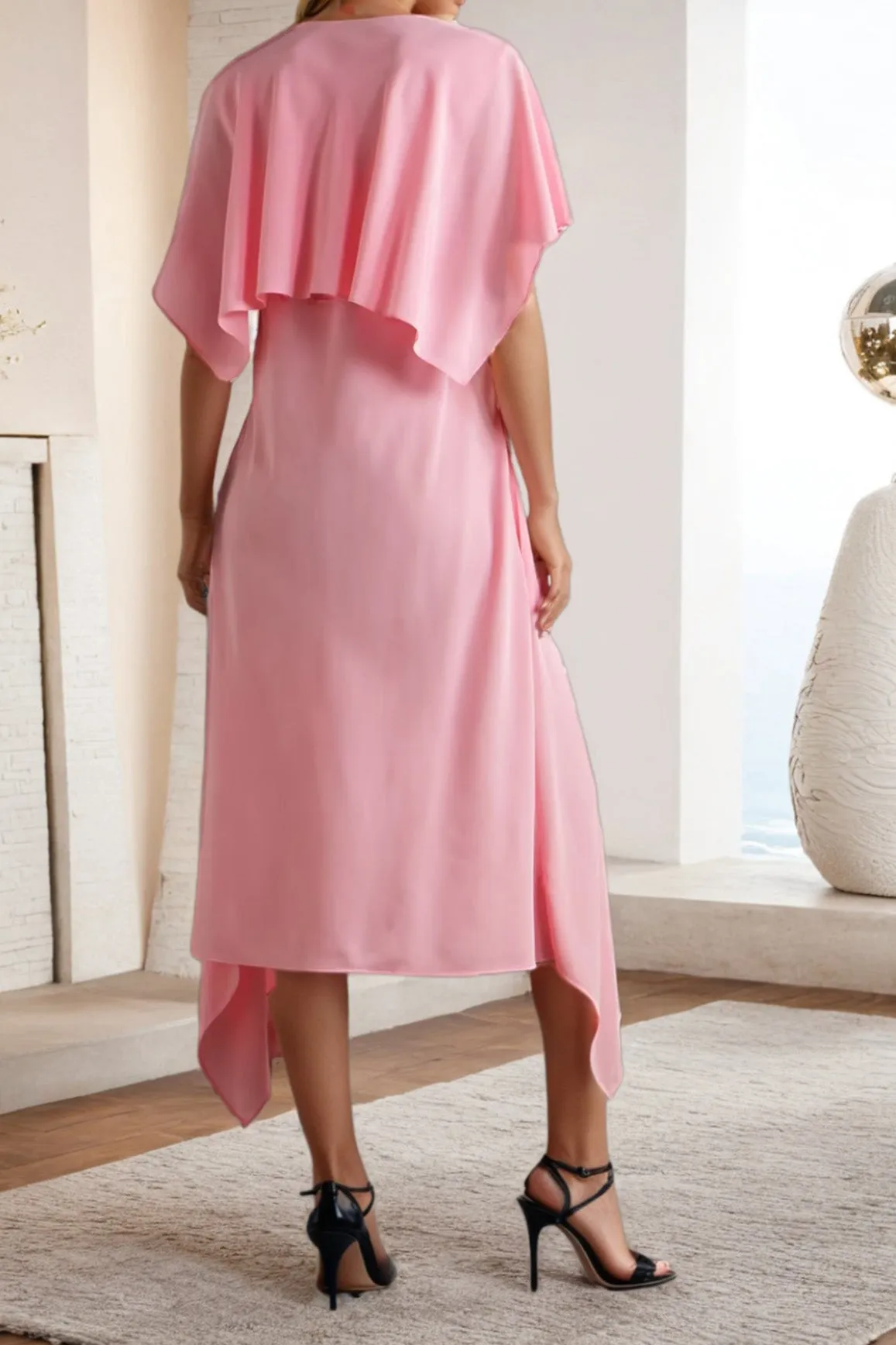 Short Sleeve Chiffon V Neck Candy Pink Tea Length Wedding Party Dress