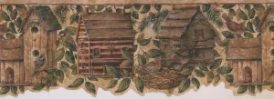 Sparrow Green Striped Red Birdhouse BSB7143B Wallpaper Border