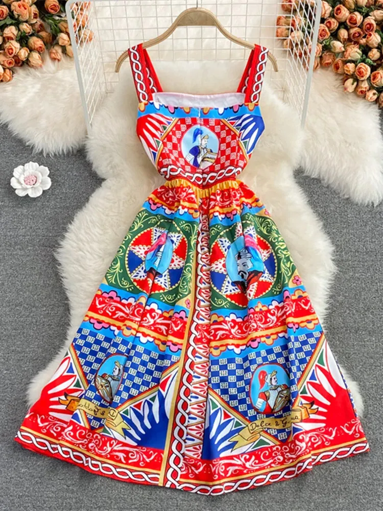 Summer Elegant Sleeveless Dress Slash Neck Print A-Line Midi Dress