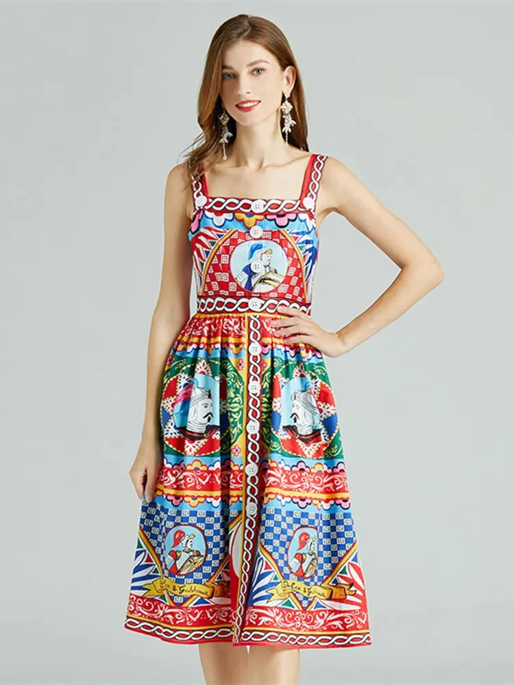 Summer Elegant Sleeveless Dress Slash Neck Print A-Line Midi Dress