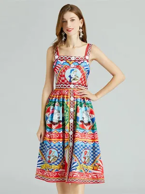 Summer Elegant Sleeveless Dress Slash Neck Print A-Line Midi Dress