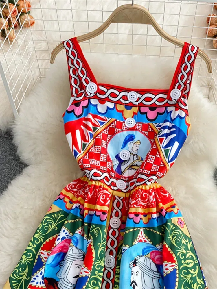 Summer Elegant Sleeveless Dress Slash Neck Print A-Line Midi Dress