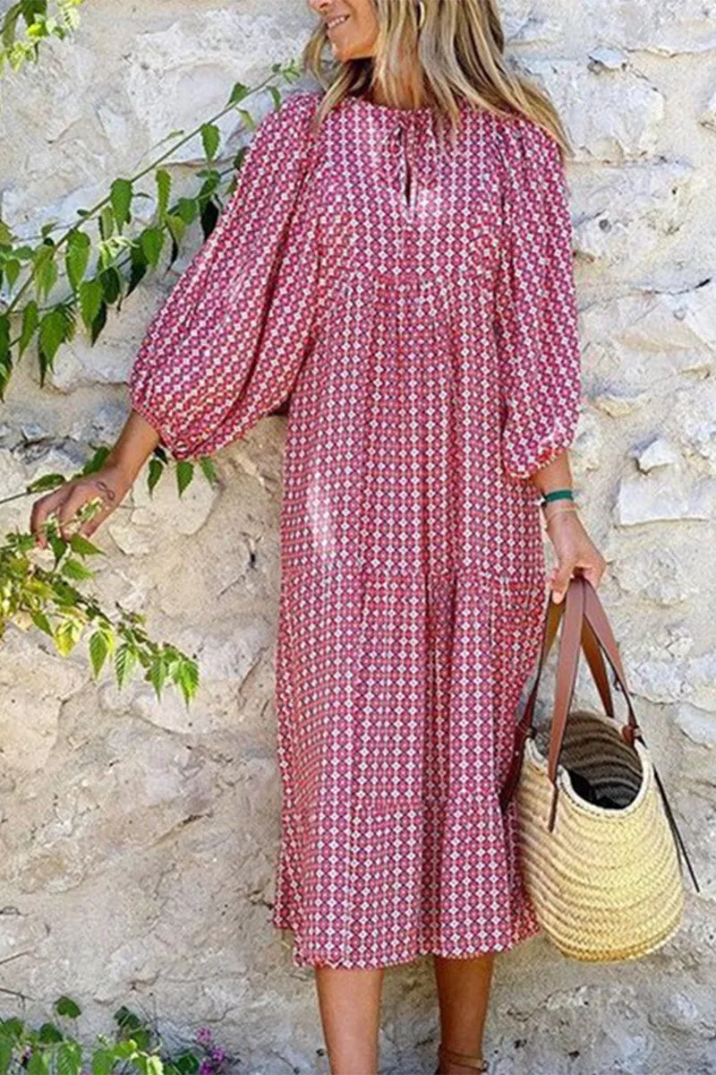 Sweet Elegant Print Flounce Printing O Neck Printed Dress Dresses