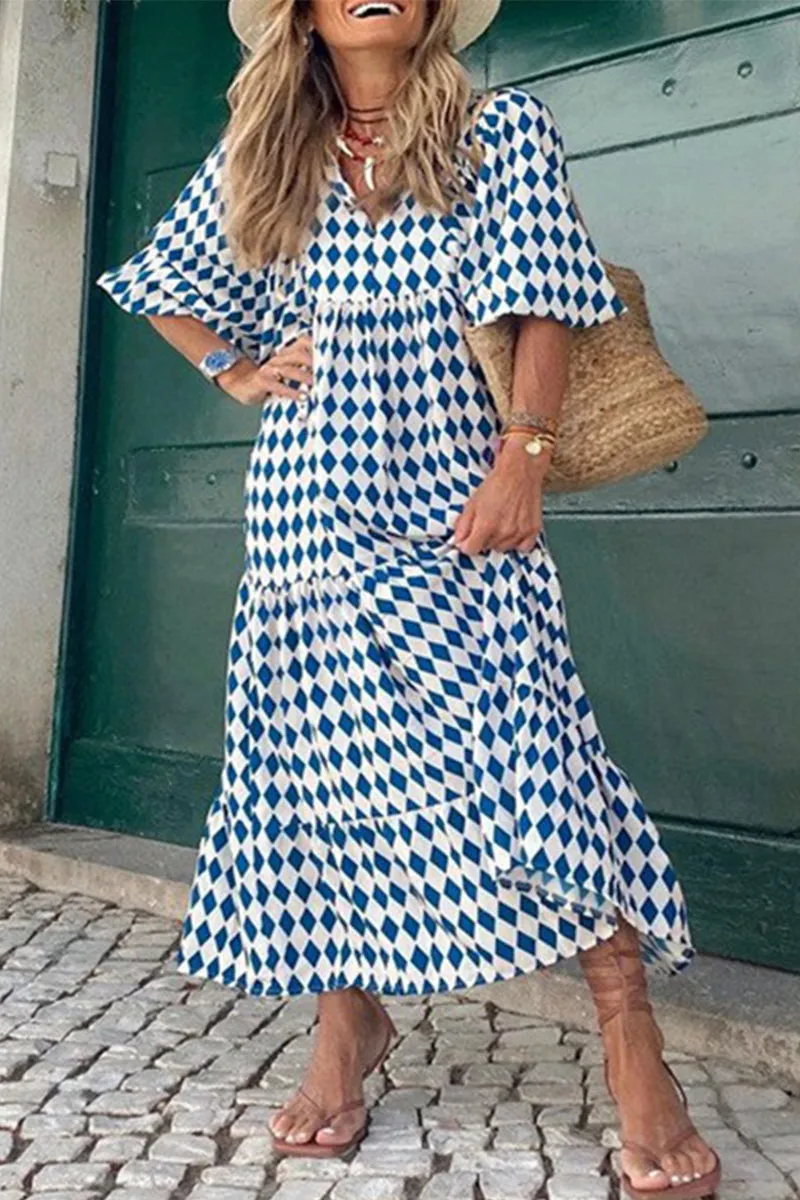 Sweet Elegant Print Flounce Printing O Neck Printed Dress Dresses