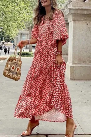Sweet Elegant Print Flounce Printing O Neck Printed Dress Dresses