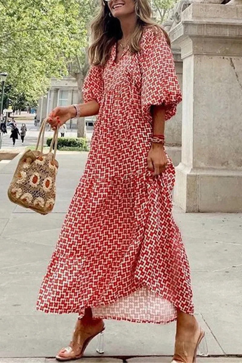 Sweet Elegant Print Flounce Printing O Neck Printed Dress Dresses