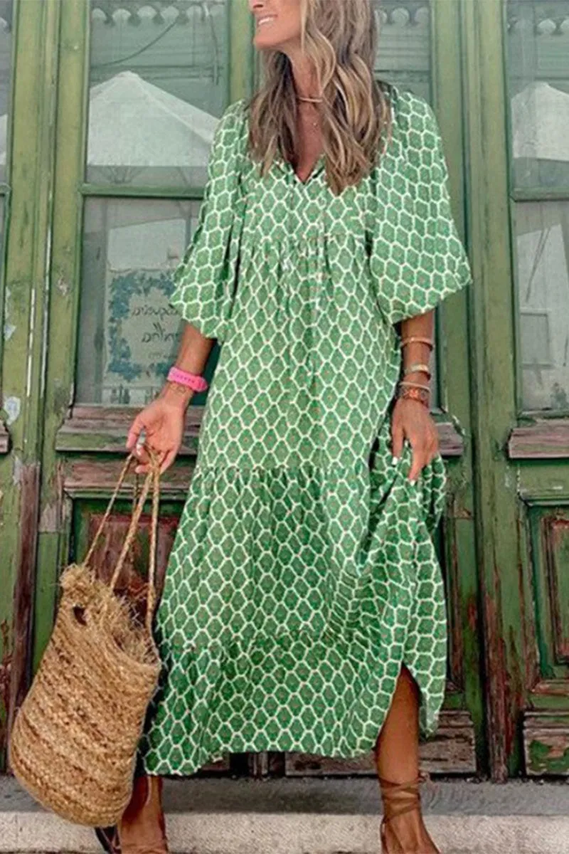 Sweet Elegant Print Flounce Printing O Neck Printed Dress Dresses
