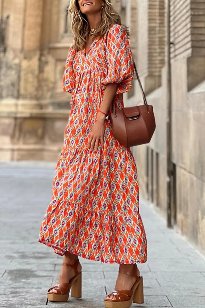 Sweet Elegant Print Flounce Printing O Neck Printed Dress Dresses