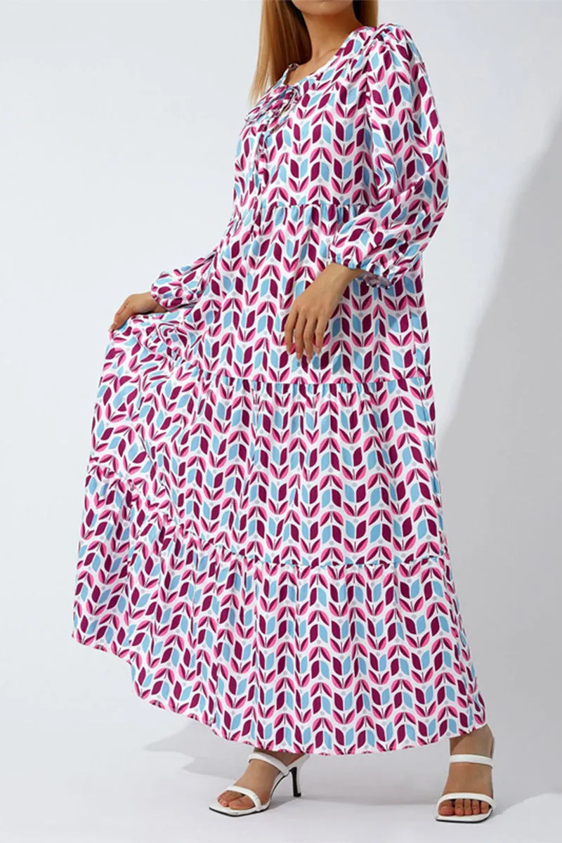 Sweet Elegant Print Flounce Printing O Neck Printed Dress Dresses