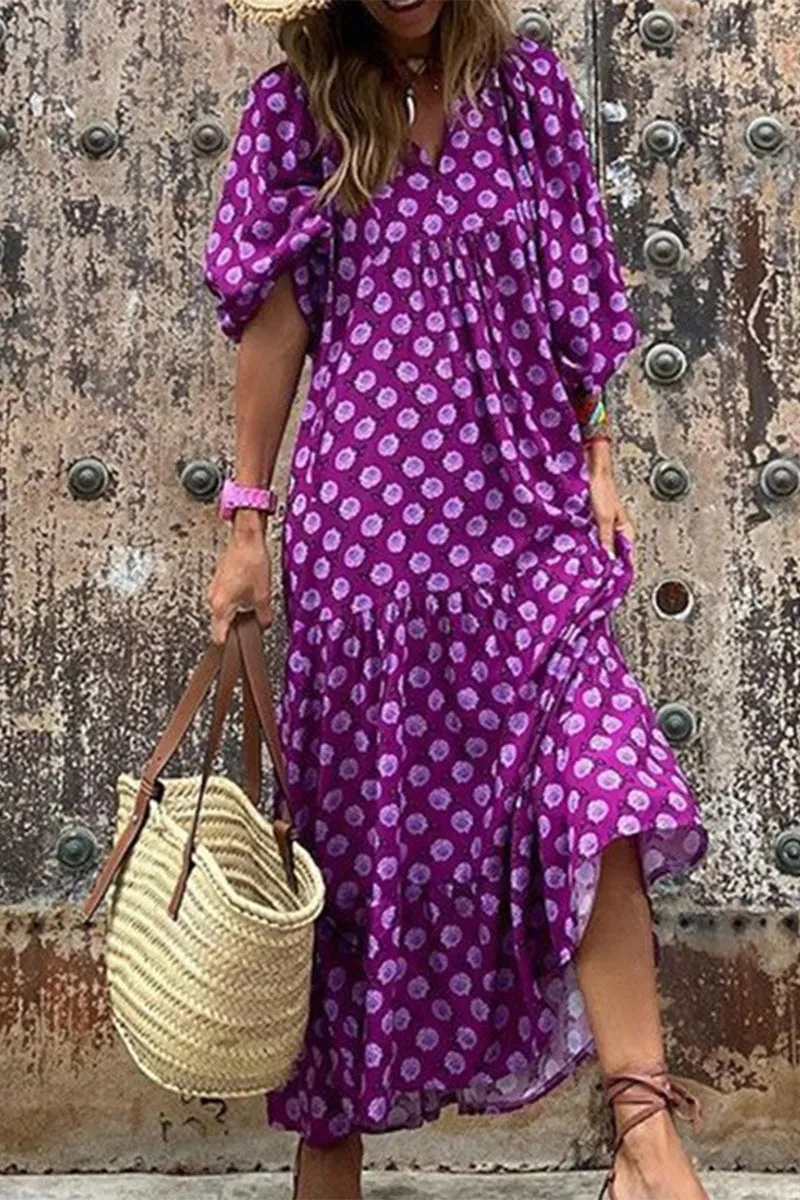Sweet Elegant Print Flounce Printing O Neck Printed Dress Dresses