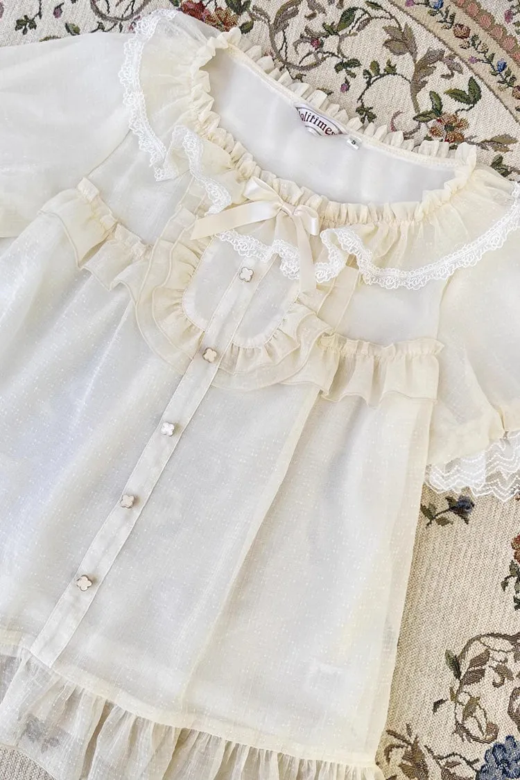 Sweet Elegant Round Collar Ruffle Short Sleeves Lolita Chiffon Blouse 2 Colors