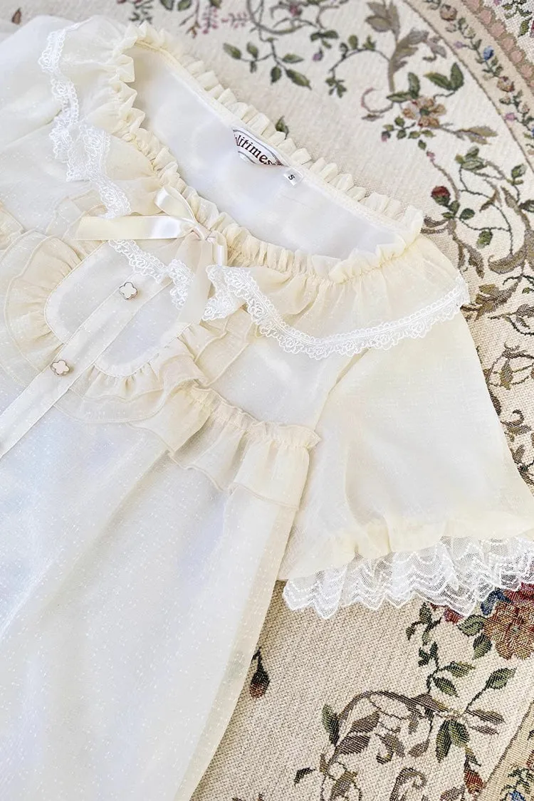 Sweet Elegant Round Collar Ruffle Short Sleeves Lolita Chiffon Blouse 2 Colors