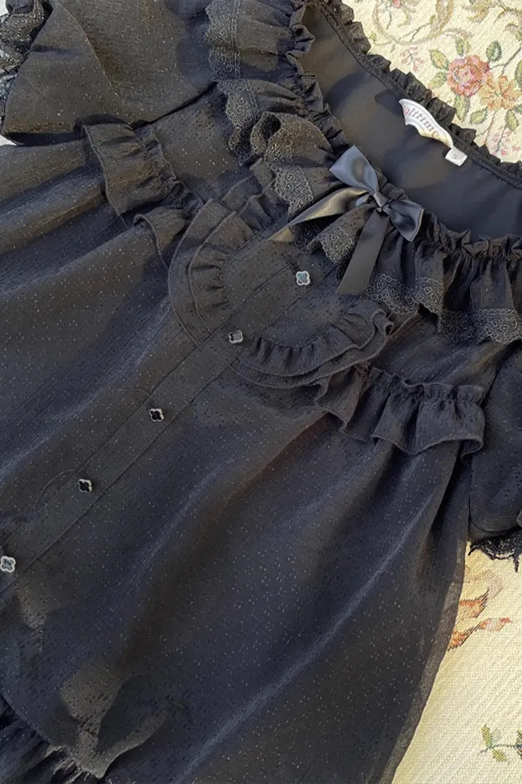 Sweet Elegant Round Collar Ruffle Short Sleeves Lolita Chiffon Blouse 2 Colors