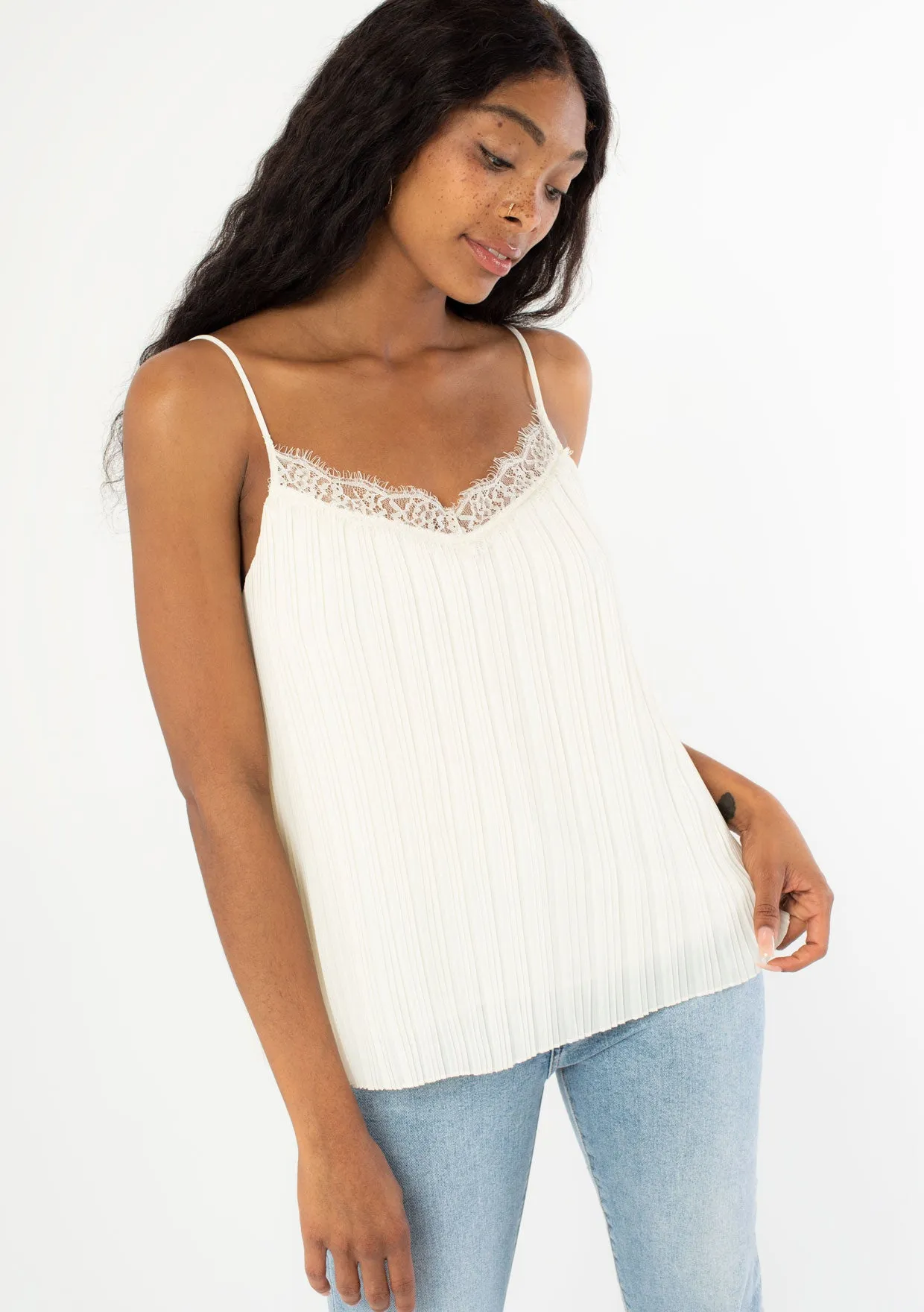 Sweet Pleats Lace Trim Cami