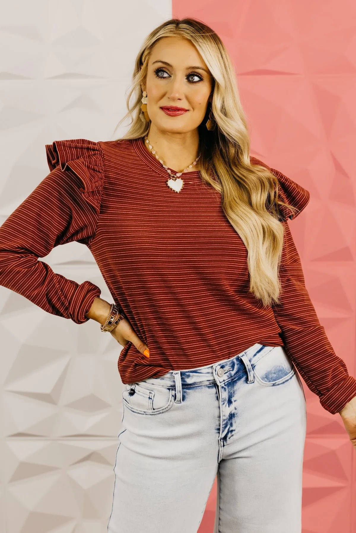 The Marcus Ruffle Shoulder Stripe Knit Top