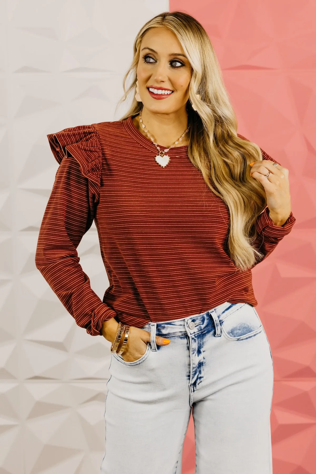 The Marcus Ruffle Shoulder Stripe Knit Top