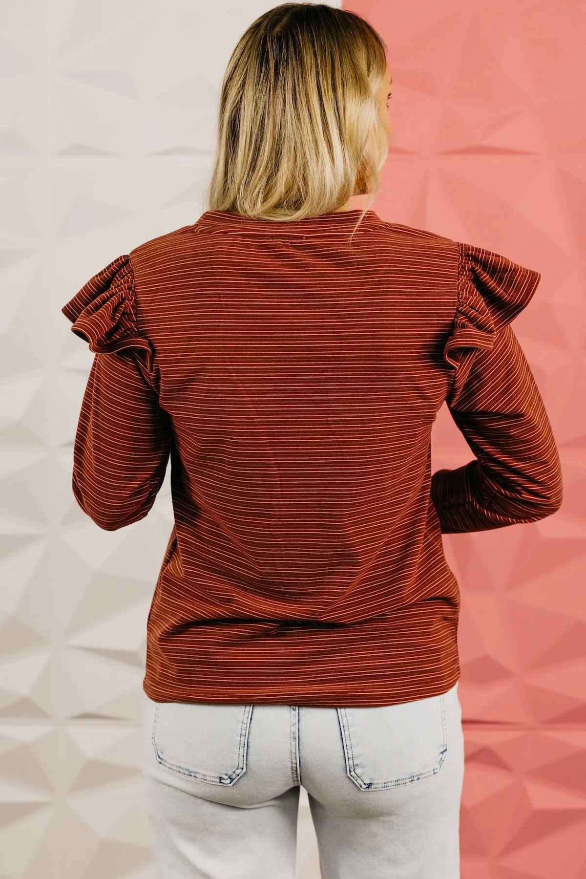 The Marcus Ruffle Shoulder Stripe Knit Top