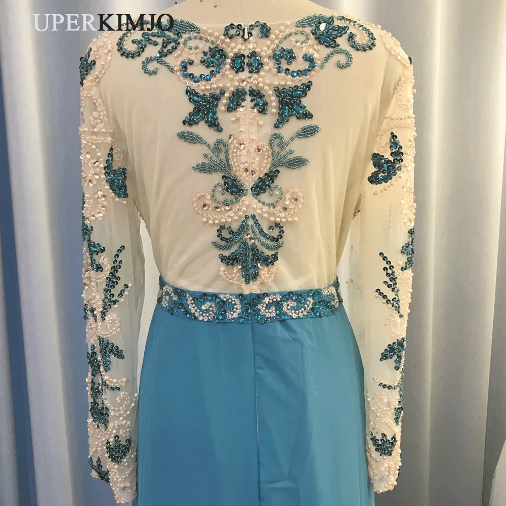turquoise blue prom dresses long sleeve beaded peals elegant chiffon luxury prom gown 2020
