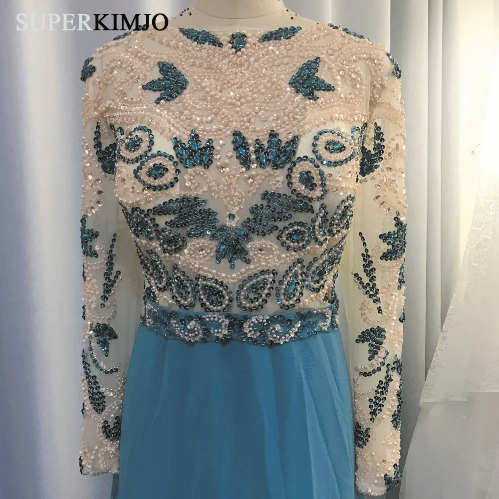 turquoise blue prom dresses long sleeve beaded peals elegant chiffon luxury prom gown 2020
