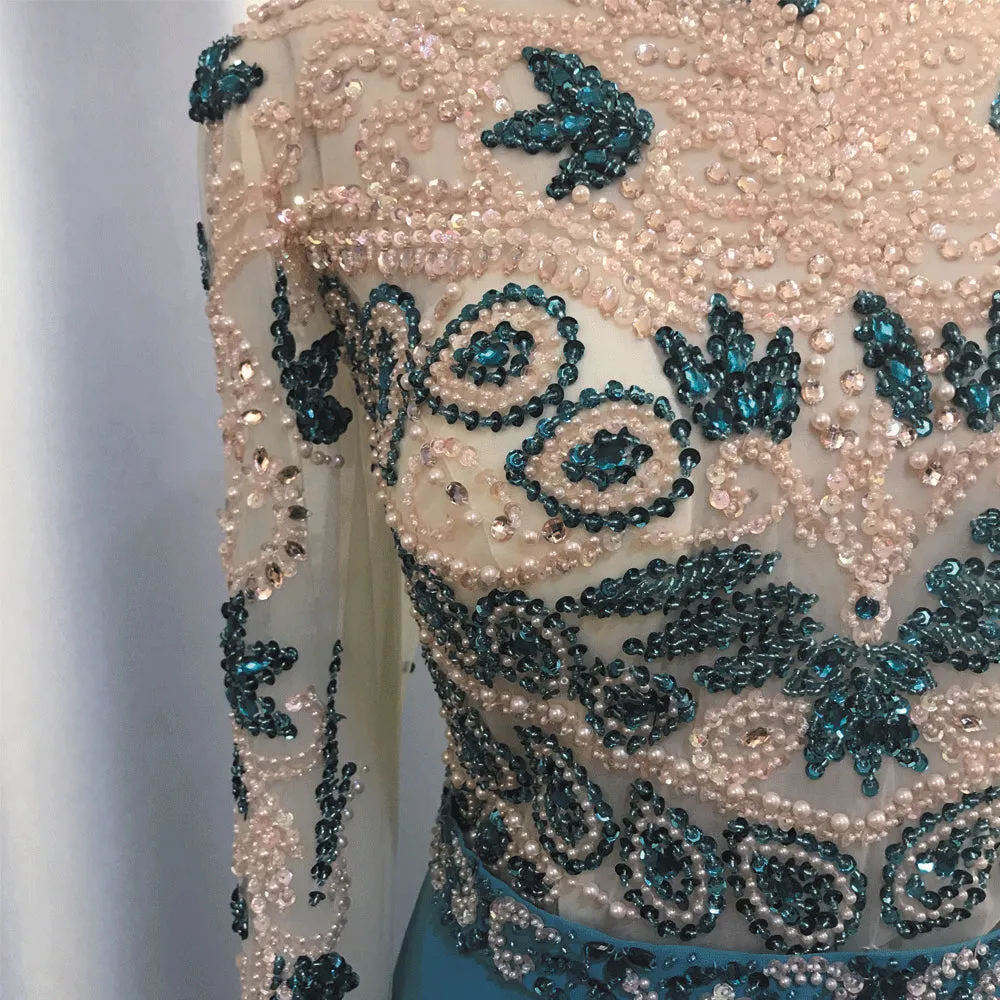 turquoise blue prom dresses long sleeve beaded peals elegant chiffon luxury prom gown 2020