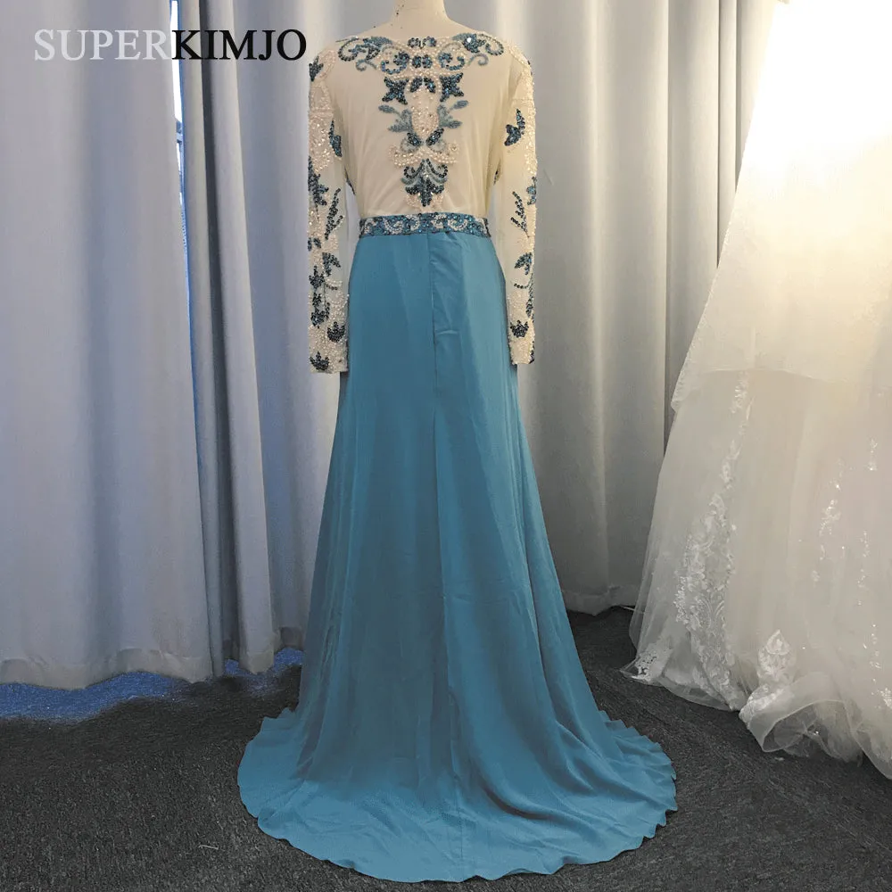 turquoise blue prom dresses long sleeve beaded peals elegant chiffon luxury prom gown 2020