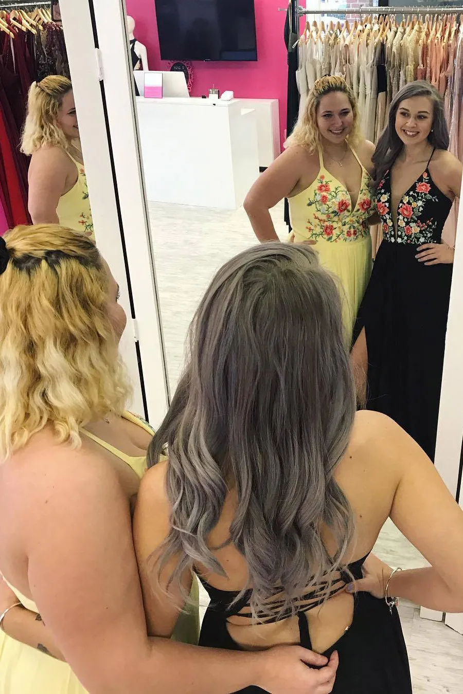 V Neck Floral Black Long Prom Dress with Side Slit