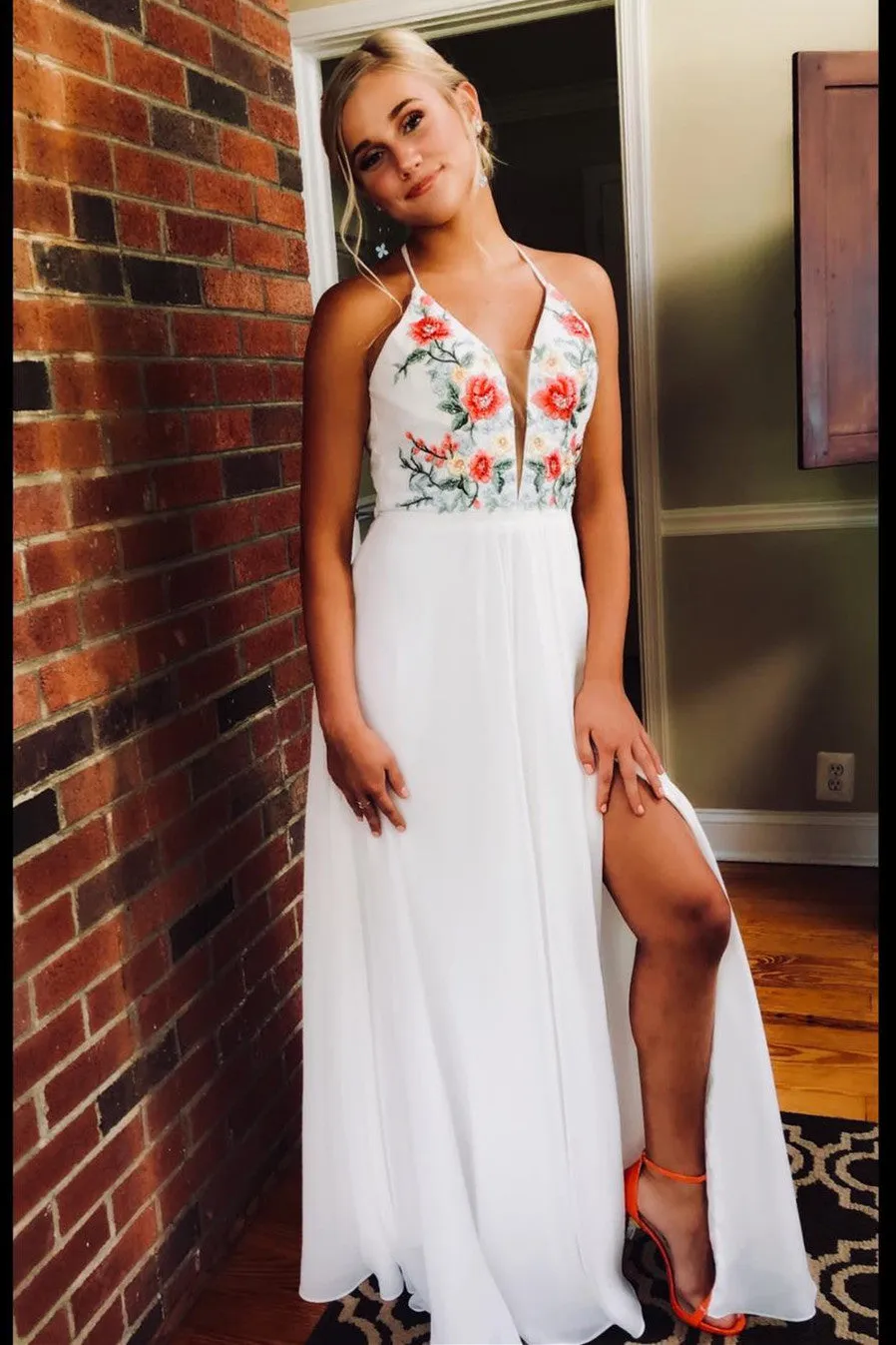 V Neck Floral Black Long Prom Dress with Side Slit