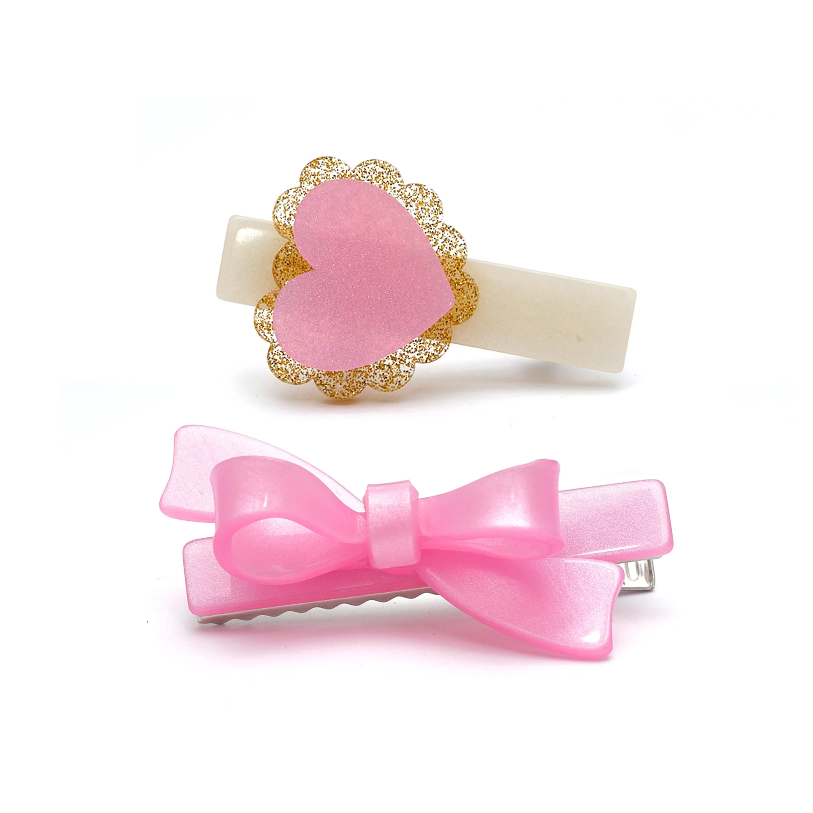 VAL25 - Heart Sweetheart and Bow Pink Satin Hair Clips