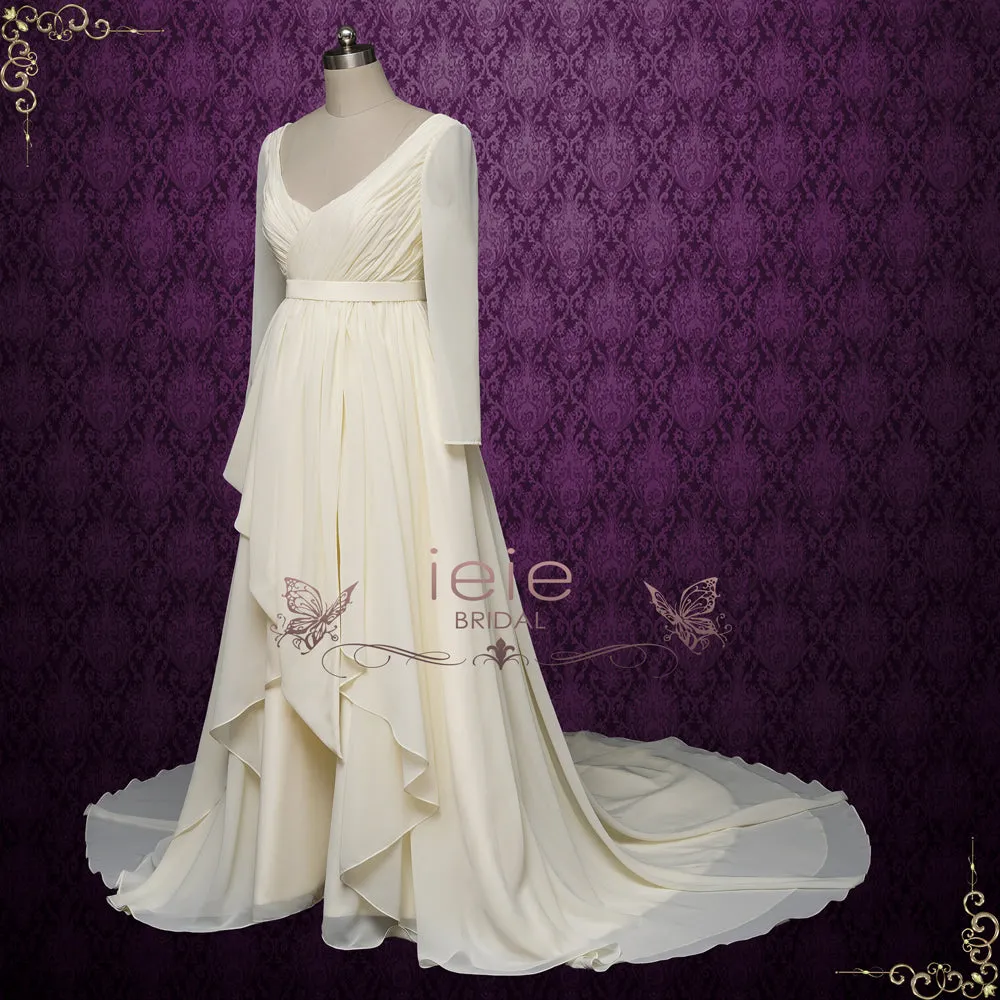 Vintage Chiffon Wedding Dress with Ruffle Skirt and Long Sleeves | ALPIRE