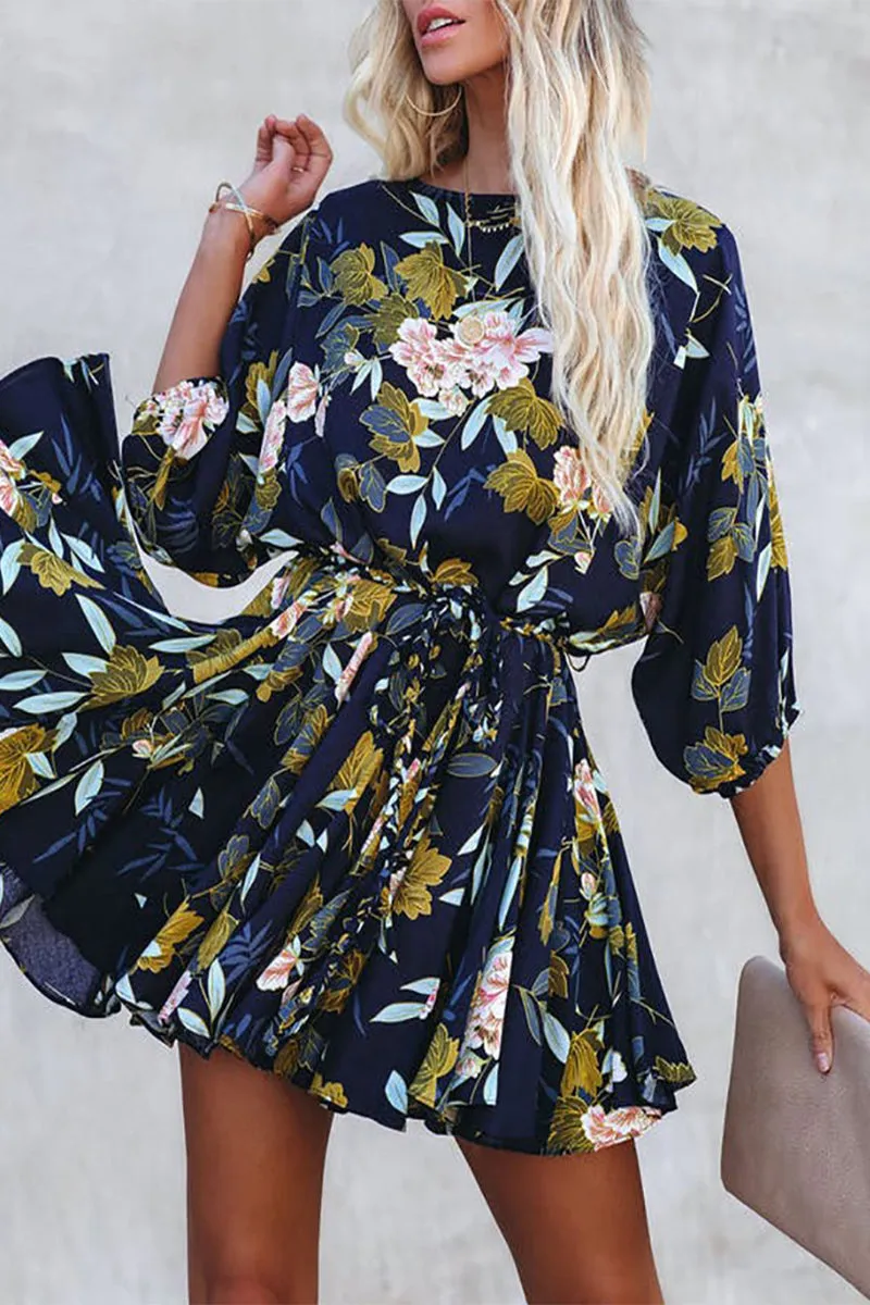 Vintage Elegant Floral Bandage Frenulum O Neck A Line Dresses
