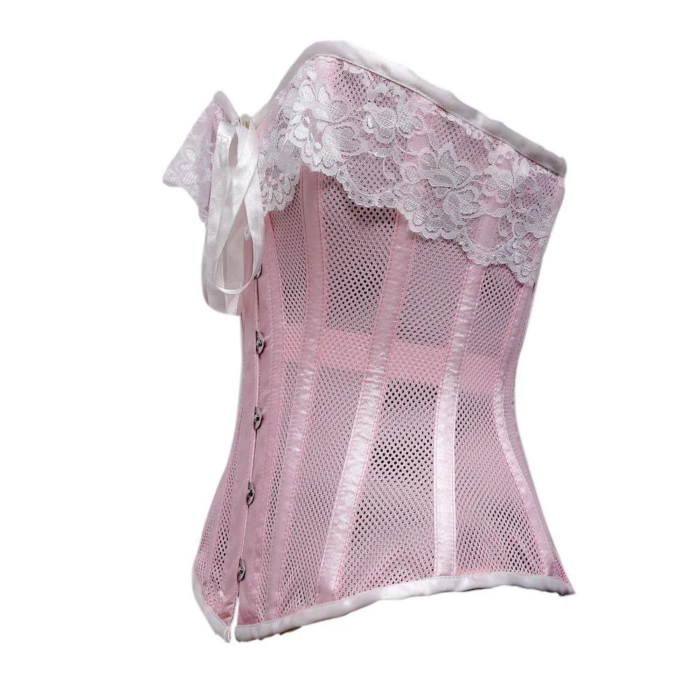 Waynamba Baby Pink Mesh & White Satin Lace Steel Boned Overbust Corset