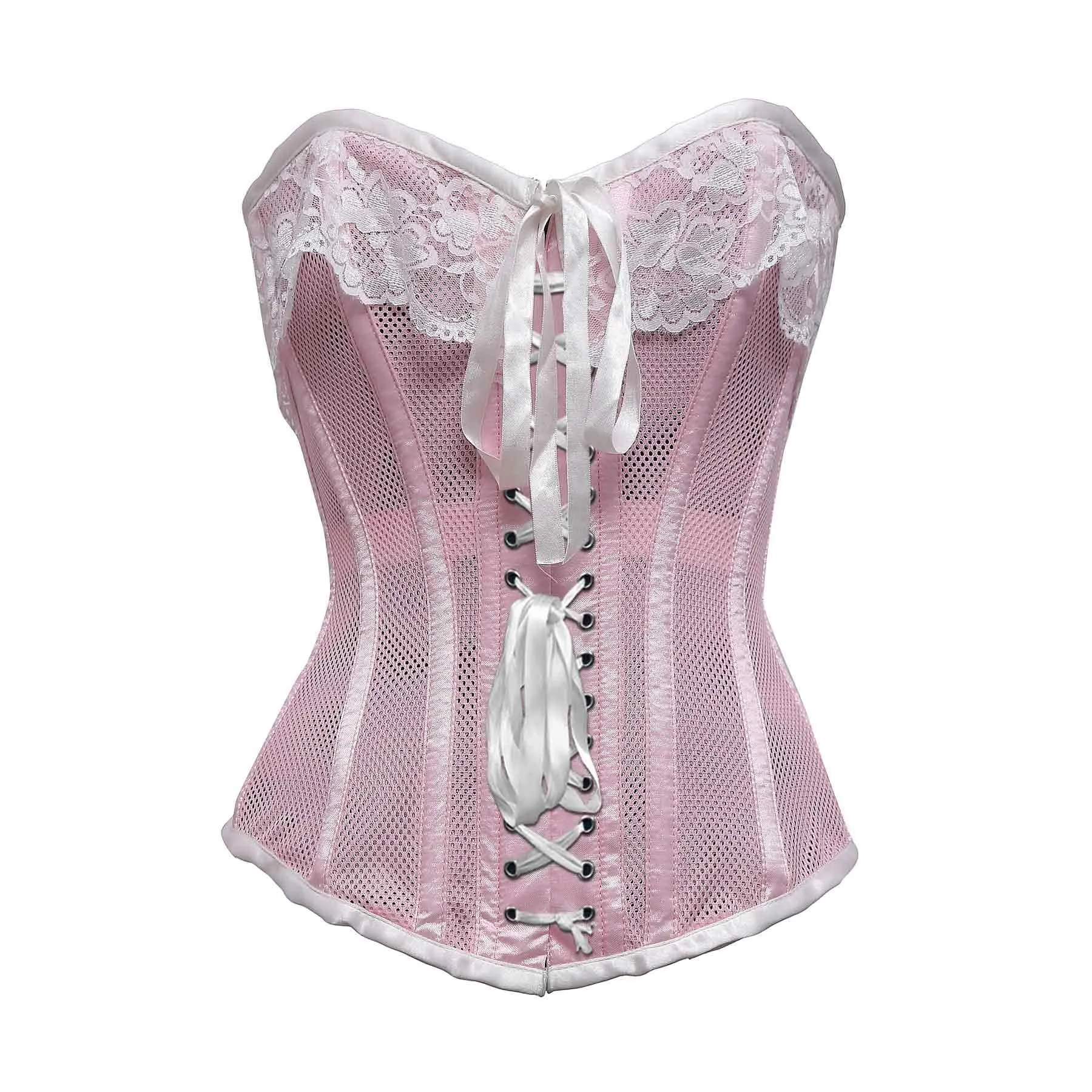 Waynamba Baby Pink Mesh & White Satin Lace Steel Boned Overbust Corset