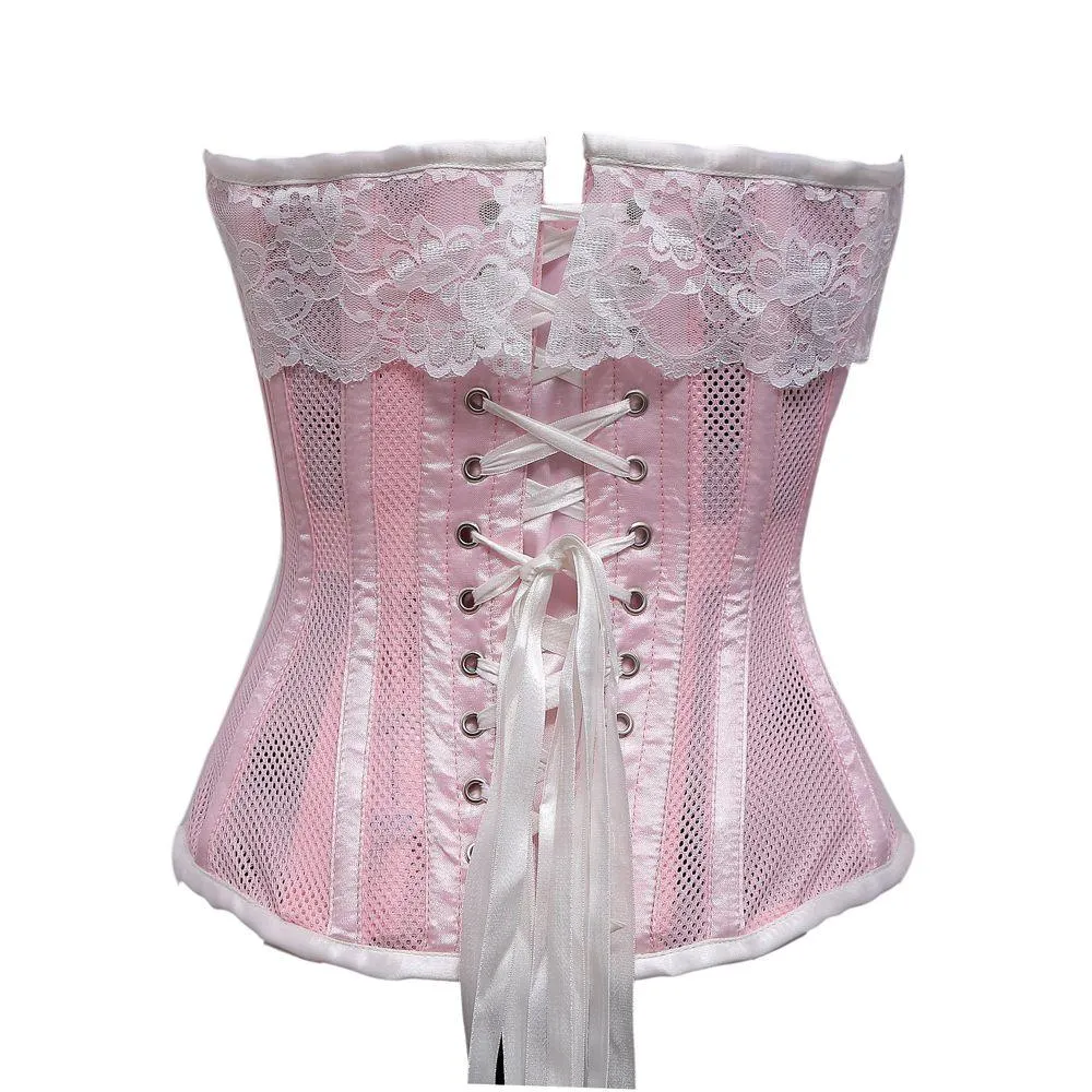 Waynamba Baby Pink Mesh & White Satin Lace Steel Boned Overbust Corset