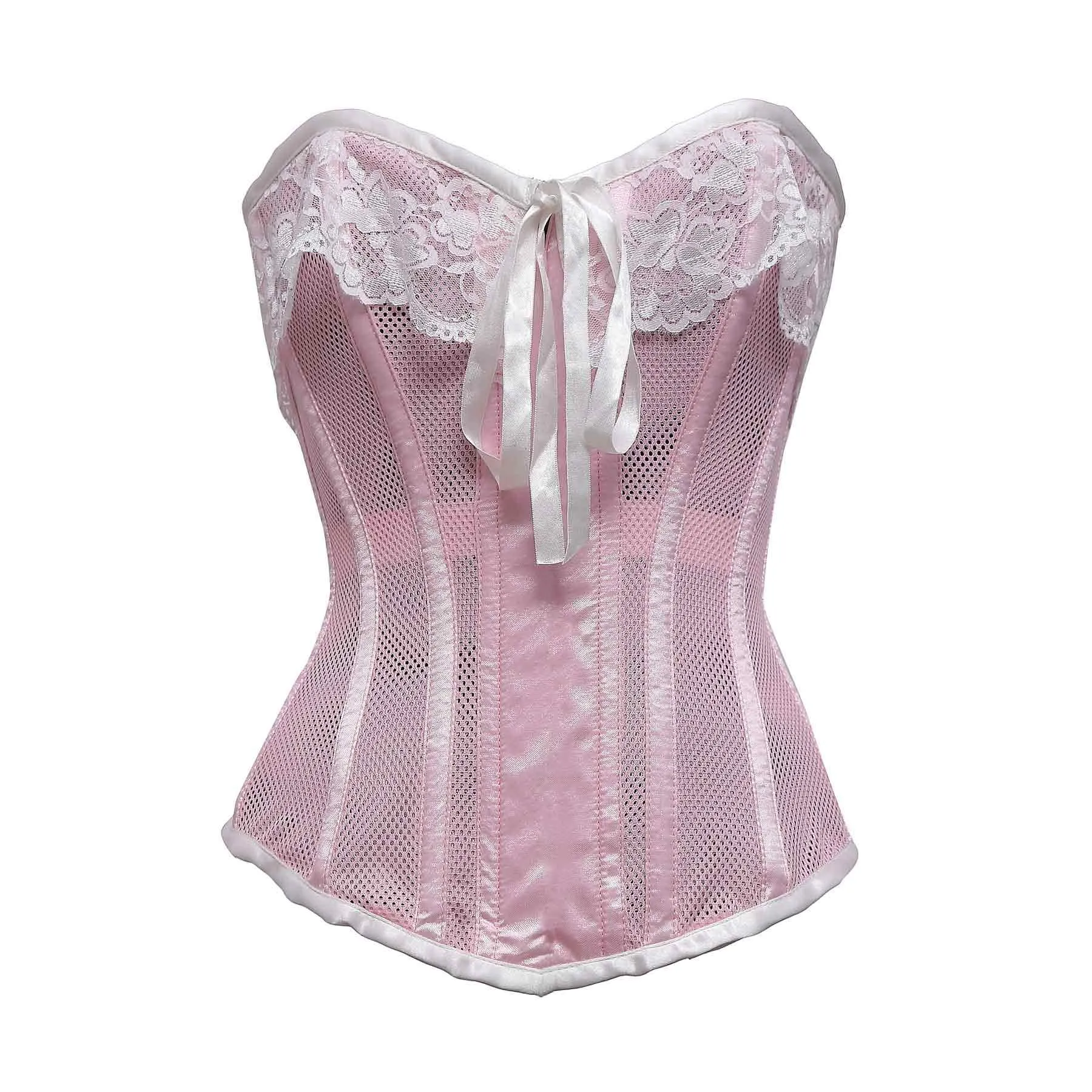 Waynamba Baby Pink Mesh & White Satin Lace Steel Boned Overbust Corset