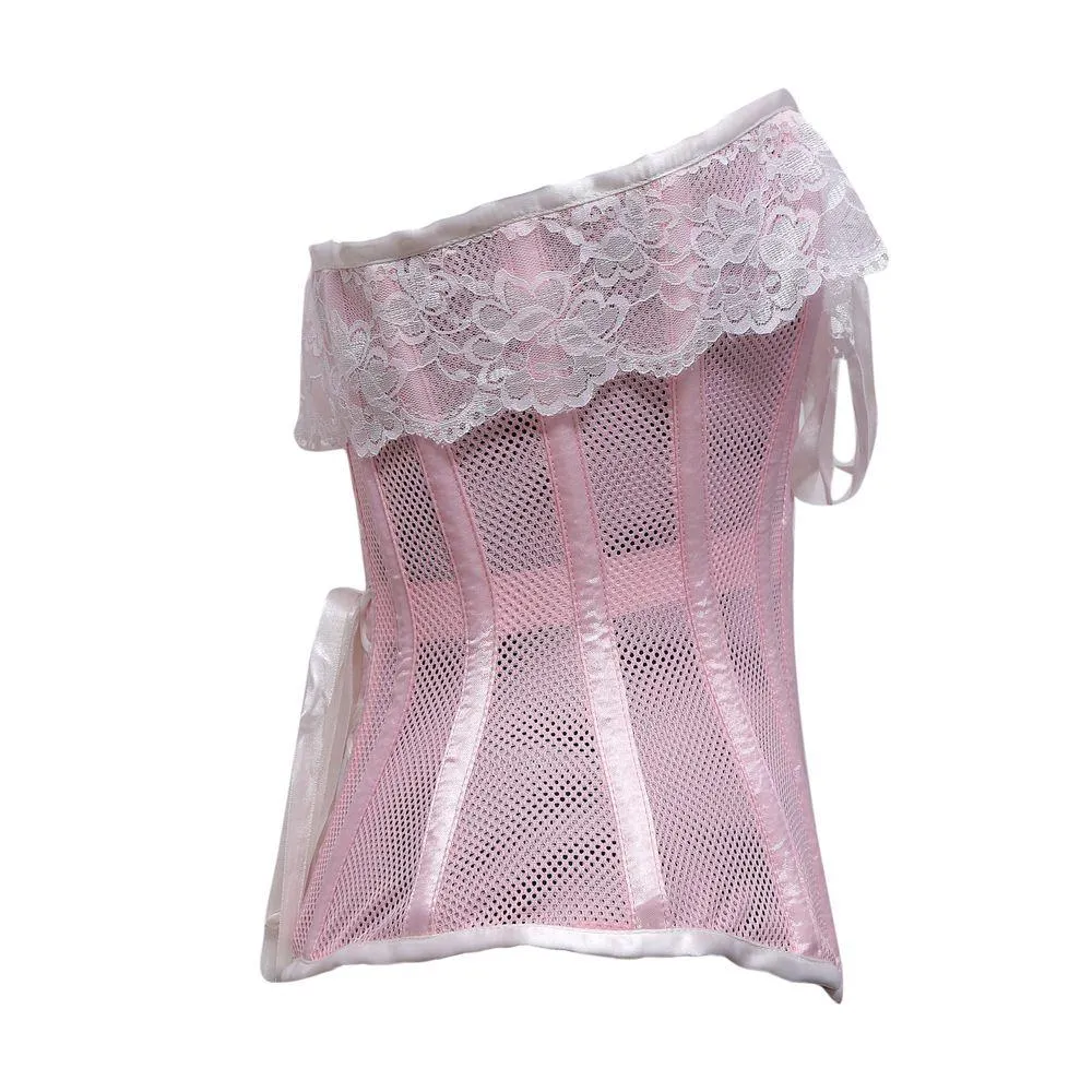 Waynamba Baby Pink Mesh & White Satin Lace Steel Boned Overbust Corset