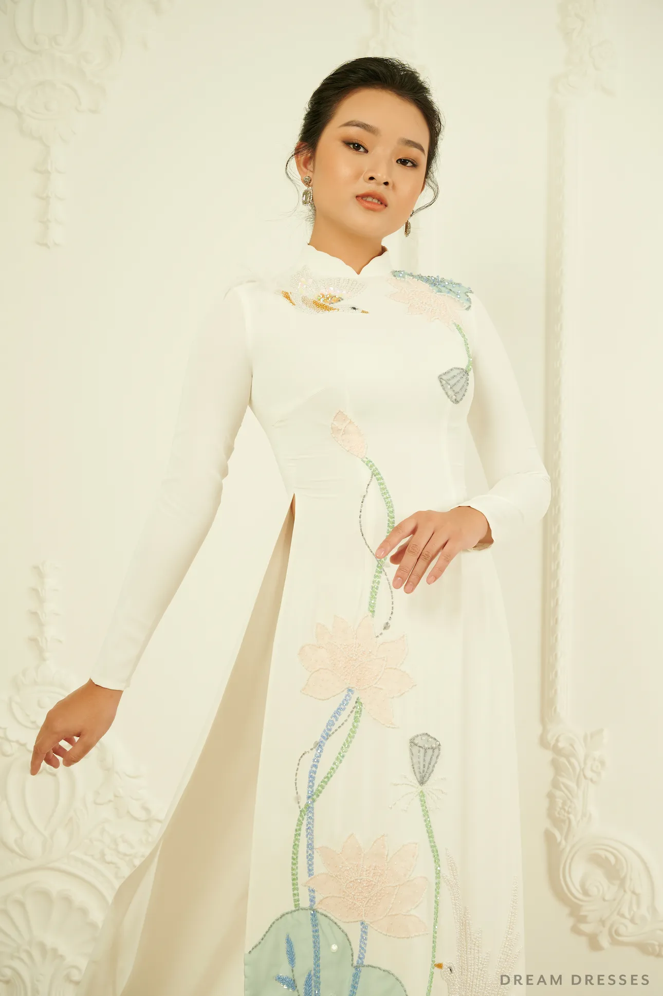 White Bridal Ao Dai | Traditional Vietnamese Bridal Dress (#VIOLA)