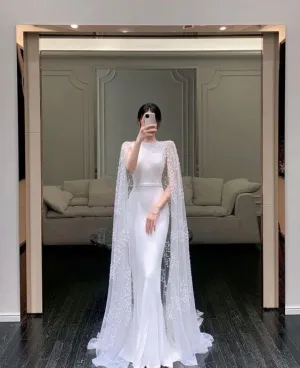 White Cape Elegant Formal Evening A-line Long Prom Dresses       fg4782