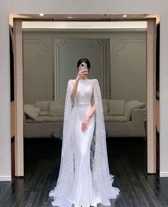 White Cape Elegant Formal Evening A-line Long Prom Dresses       fg4782