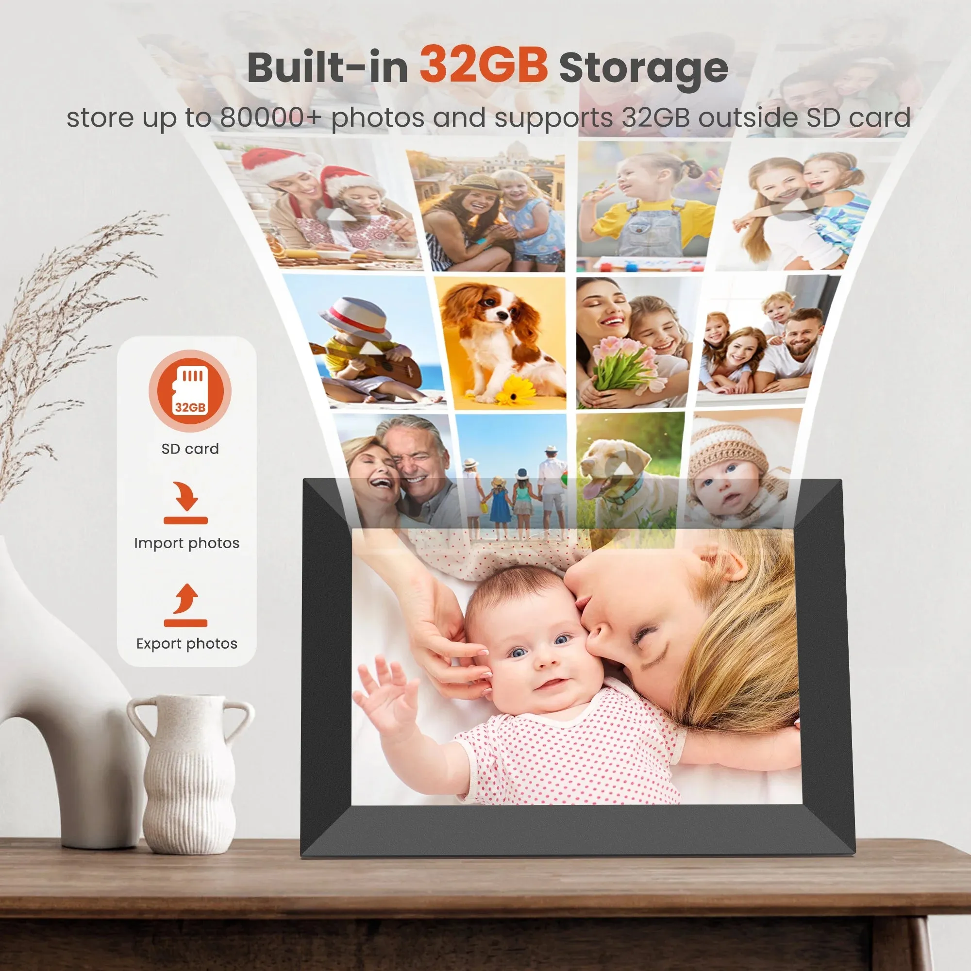 Wifi Digital Picture Frame 10.1" , Digital Photo Frames Touch Screen with 32G Memory, HD Electric Digital Frame Support Wall Mount, Auto-Rotate, Share Instant Photo from Anywhere, Best Gifts