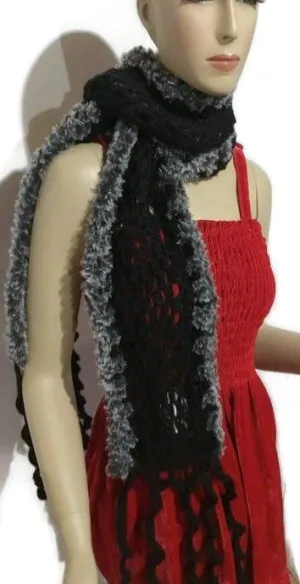 woman's scarf, handmade scarf, crochet scarf, winter scarf, black alpaca, andrea designs, the mink scarf,